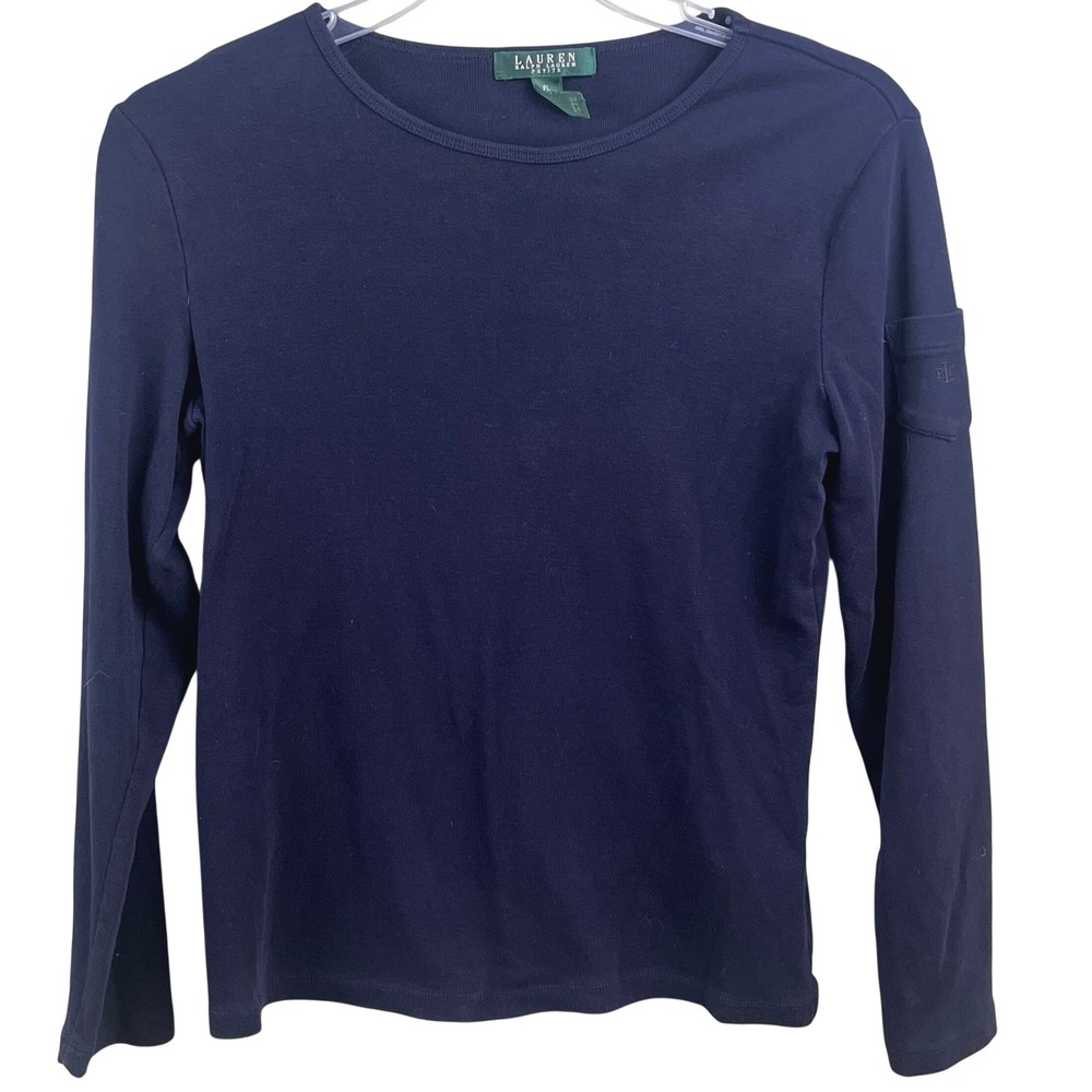 Lauren Ralph Lauren Petite Navy Long Sleeve‎ Pull Over T-Shirt Sleeve Pocket LP